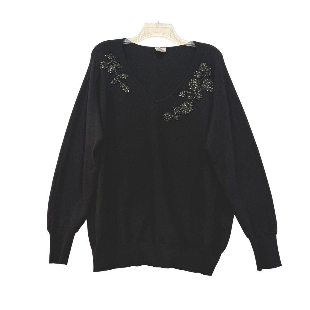 Chico's Black Beaded Floral‎ V-Neck Sweater Womens Size 3 / XL Long Sleeve